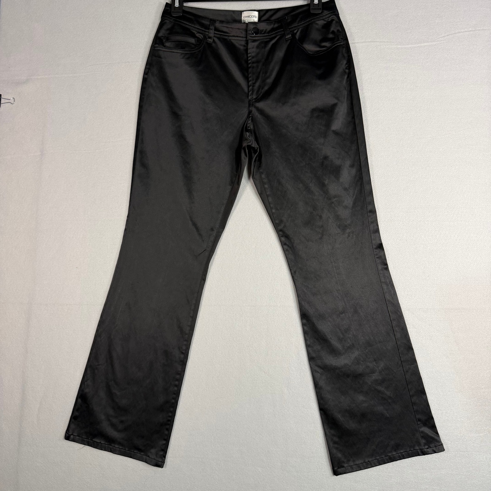 Chico's Satin Bootcut Pants Size 8 Black Stretch 5-Pocket Dress Trousers Regular
